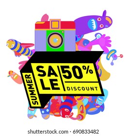 Summer sale colorful style banner and Poster. Toys, music, lifestyle and hobby event with discount poster. Vector Abstract colorful cartoon doodle illustration with special offer and promotion.