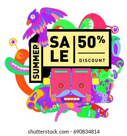 Summer sale colorful style banner and Poster. Toys, music, lifestyle and hobby event with discount poster. Vector Abstract colorful cartoon doodle illustration with special offer and promotion.