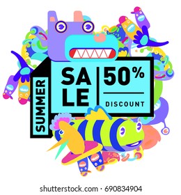 Summer sale colorful style banner and Poster. Toys, music, lifestyle and hobby event with discount poster. Vector Abstract colorful cartoon doodle illustration with special offer and promotion.