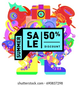 Summer sale colorful style banner and Poster. Toys, music, lifestyle and hobby event with discount poster. Vector Abstract colorful cartoon doodle illustration with special offer and promotion.