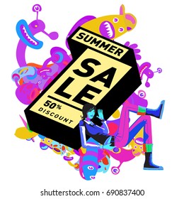 Summer sale colorful style banner and Poster. Toys, music, lifestyle and hobby event with discount poster. Vector Abstract colorful cartoon doodle illustration with special offer and promotion.