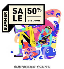 Summer sale colorful style banner and Poster. Toys, music, lifestyle and hobby event with discount poster. Vector Abstract colorful cartoon doodle illustration with special offer and promotion.