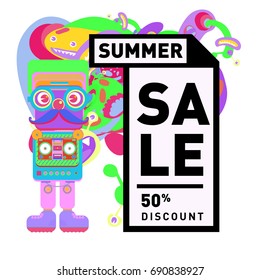 Summer sale colorful style banner and Poster. Toys, music, lifestyle and hobby event with discount poster. Vector Abstract colorful cartoon doodle illustration with special offer and promotion.