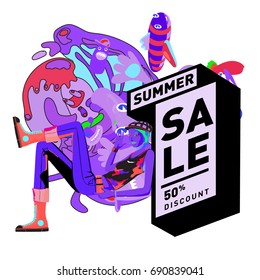 Summer sale colorful style banner and Poster. Toys, music, lifestyle and hobby event with discount poster. Vector Abstract colorful cartoon doodle illustration with special offer and promotion.