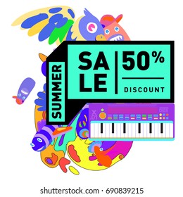 Summer sale colorful style banner and Poster. Toys, music, lifestyle and hobby event with discount poster. Vector Abstract colorful cartoon doodle illustration with special offer and promotion.