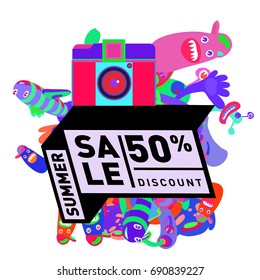 Summer sale colorful style banner and Poster. Toys, music, lifestyle and hobby event with discount poster. Vector Abstract colorful cartoon doodle illustration with special offer and promotion.