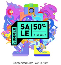 Summer sale colorful style banner and Poster. Toys, music, lifestyle and hobby event with discount poster. Vector Abstract colorful cartoon doodle illustration with special offer and promotion.