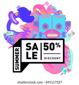 Summer sale colorful style banner and Poster. Toys, music, lifestyle and hobby event with discount poster. Vector Abstract colorful cartoon doodle illustration with special offer and promotion.