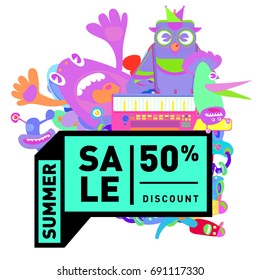 Summer sale colorful style banner and Poster. Toys, music, lifestyle and hobby event with discount poster. Vector Abstract colorful cartoon doodle illustration with special offer and promotion.