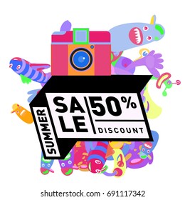 Summer sale colorful style banner and Poster. Toys, music, lifestyle and hobby event with discount poster. Vector Abstract colorful cartoon doodle illustration with special offer and promotion.