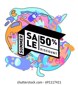 Summer sale colorful style banner and Poster. Toys, music, lifestyle and hobby event with discount poster. Vector Abstract colorful cartoon doodle illustration with special offer and promotion.