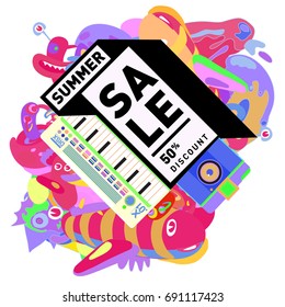 Summer sale colorful style banner and Poster. Toys, music, lifestyle and hobby event with discount poster. Vector Abstract colorful cartoon doodle illustration with special offer and promotion.