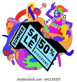 Summer sale colorful style banner and Poster. Toys, music, lifestyle and hobby event with discount poster. Vector Abstract colorful cartoon doodle illustration with special offer and promotion.