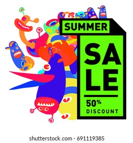 Summer sale colorful style banner and Poster. Toys, music, lifestyle and hobby event with discount poster. Vector Abstract colorful cartoon doodle illustration with special offer and promotion.