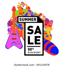 Summer sale colorful style banner and Poster. Toys, music, lifestyle and hobby event with discount poster. Vector Abstract colorful cartoon doodle illustration with special offer and promotion.