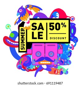 Summer sale colorful style banner and Poster. Toys, music, lifestyle and hobby event with discount poster. Vector Abstract colorful cartoon doodle illustration with special offer and promotion.
