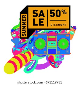 Summer sale colorful style banner and Poster. Toys, music, lifestyle and hobby event with discount poster. Vector Abstract colorful cartoon doodle illustration with special offer and promotion.