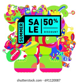 Summer sale colorful style banner and Poster. Toys, music, lifestyle and hobby event with discount poster. Vector Abstract colorful cartoon doodle illustration with special offer and promotion.