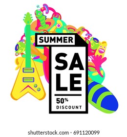 Summer sale colorful style banner and Poster. Toys, music, lifestyle and hobby event with discount poster. Vector Abstract colorful cartoon doodle illustration with special offer and promotion.