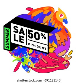 Summer sale colorful style banner and Poster. Toys, music, lifestyle and hobby event with discount poster. Vector Abstract colorful cartoon doodle illustration with special offer and promotion.
