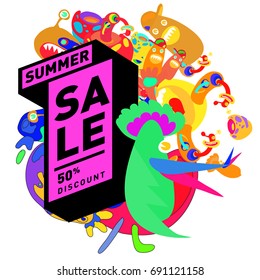 Summer sale colorful style banner and Poster. Toys, music, lifestyle and hobby event with discount poster. Vector Abstract colorful cartoon doodle illustration with special offer and promotion.