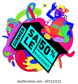 Summer sale colorful style banner and Poster. Toys, music, lifestyle and hobby event with discount poster. Vector Abstract colorful cartoon doodle illustration with special offer and promotion.