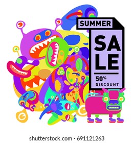 Summer sale colorful style banner and Poster. Toys, music, lifestyle and hobby event with discount poster. Vector Abstract colorful cartoon doodle illustration with special offer and promotion.