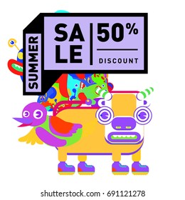 Summer sale colorful style banner and Poster. Toys, music, lifestyle and hobby event with discount poster. Vector Abstract colorful cartoon doodle illustration with special offer and promotion.