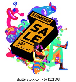 Summer sale colorful style banner and Poster. Toys, music, lifestyle and hobby event with discount poster. Vector Abstract colorful cartoon doodle illustration with special offer and promotion.