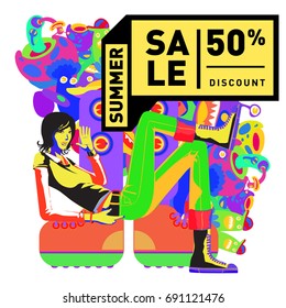 Summer sale colorful style banner and Poster. Toys, music, lifestyle and hobby event with discount poster. Vector Abstract colorful cartoon doodle illustration with special offer and promotion.