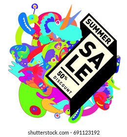 Summer sale colorful style banner and Poster. Toys, music, lifestyle and hobby event with discount poster. Vector Abstract colorful cartoon doodle illustration with special offer and promotion.