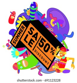 Summer sale colorful style banner and Poster. Toys, music, lifestyle and hobby event with discount poster. Vector Abstract colorful cartoon doodle illustration with special offer and promotion.