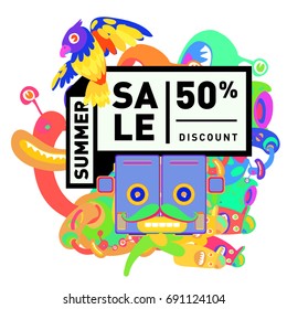 Summer sale colorful style banner and Poster. Toys, music, lifestyle and hobby event with discount poster. Vector Abstract colorful cartoon doodle illustration with special offer and promotion.