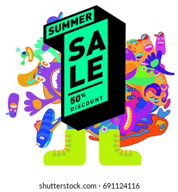 Summer sale colorful style banner and Poster. Toys, music, lifestyle and hobby event with discount poster. Vector Abstract colorful cartoon doodle illustration with special offer and promotion.
