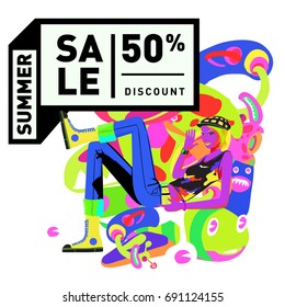 Summer sale colorful style banner and Poster. Toys, music, lifestyle and hobby event with discount poster. Vector Abstract colorful cartoon doodle illustration with special offer and promotion.