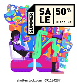 Summer sale colorful style banner and Poster. Toys, music, lifestyle and hobby event with discount poster. Vector Abstract colorful cartoon doodle illustration with special offer and promotion.