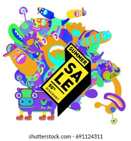 Summer sale colorful style banner and Poster. Toys, music, lifestyle and hobby event with discount poster. Vector Abstract colorful cartoon doodle illustration with special offer and promotion.