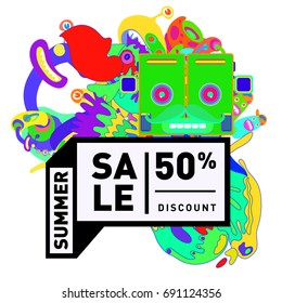Summer sale colorful style banner and Poster. Toys, music, lifestyle and hobby event with discount poster. Vector Abstract colorful cartoon doodle illustration with special offer and promotion.
