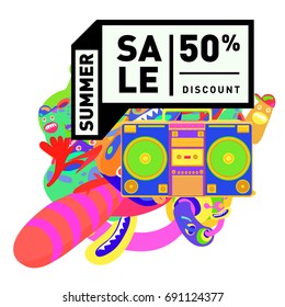 Summer sale colorful style banner and Poster. Toys, music, lifestyle and hobby event with discount poster. Vector Abstract colorful cartoon doodle illustration with special offer and promotion.