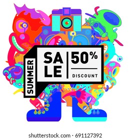 Summer sale colorful style banner and Poster. Toys, music, lifestyle and hobby event with discount poster. Vector Abstract colorful cartoon doodle illustration with special offer and promotion.