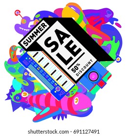 Summer sale colorful style banner and Poster. Toys, music, lifestyle and hobby event with discount poster. Vector Abstract colorful cartoon doodle illustration with special offer and promotion.