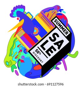 Summer sale colorful style banner and Poster. Toys, music, lifestyle and hobby event with discount poster. Vector Abstract colorful cartoon doodle illustration with special offer and promotion.
