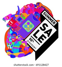 Summer sale colorful style banner and Poster. Toys, music, lifestyle and hobby event with discount poster. Vector Abstract colorful cartoon doodle illustration with special offer and promotion.