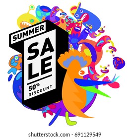 Summer sale colorful style banner and Poster. Toys, music, lifestyle and hobby event with discount poster. Vector Abstract colorful cartoon doodle illustration with special offer and promotion.