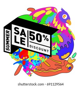 Summer sale colorful style banner and Poster. Toys, music, lifestyle and hobby event with discount poster. Vector Abstract colorful cartoon doodle illustration with special offer and promotion.