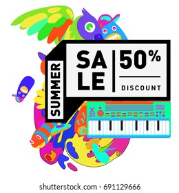 Summer sale colorful style banner and Poster. Toys, music, lifestyle and hobby event with discount poster. Vector Abstract colorful cartoon doodle illustration with special offer and promotion.