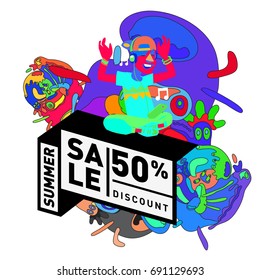Summer sale colorful style banner and Poster. Toys, music, lifestyle and hobby event with discount poster. Vector Abstract colorful cartoon doodle illustration with special offer and promotion.