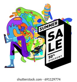 Summer sale colorful style banner and Poster. Toys, music, lifestyle and hobby event with discount poster. Vector Abstract colorful cartoon doodle illustration with special offer and promotion.