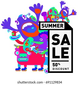 Summer sale colorful style banner and Poster. Toys, music, lifestyle and hobby event with discount poster. Vector Abstract colorful cartoon doodle illustration with special offer and promotion.
