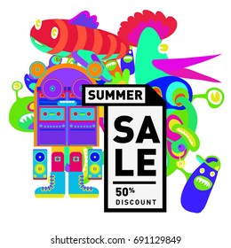 Summer sale colorful style banner and Poster. Toys, music, lifestyle and hobby event with discount poster. Vector Abstract colorful cartoon doodle illustration with special offer and promotion.